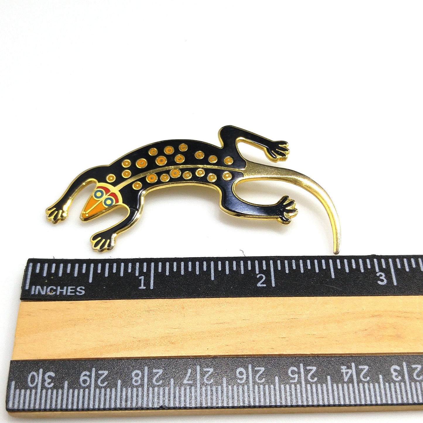 Laurel Burch Black "Lizard" Brooch, Gold Plated Cloisonne, 1980s Vintage Jewelry