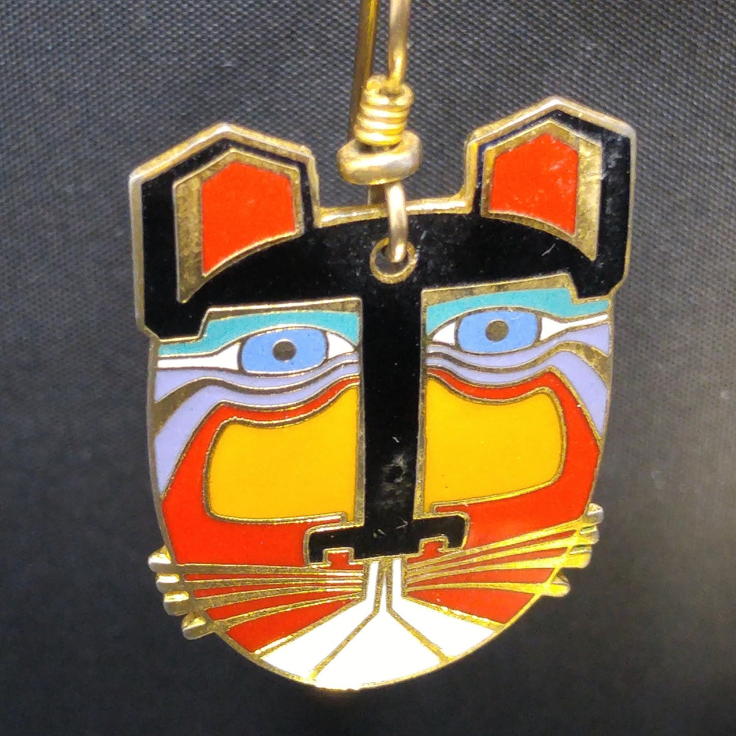 Laurel Burch "Miikio" Earrings, Gold Plated Enamel Large Cat Faces, 1980s Vintage Jewelry