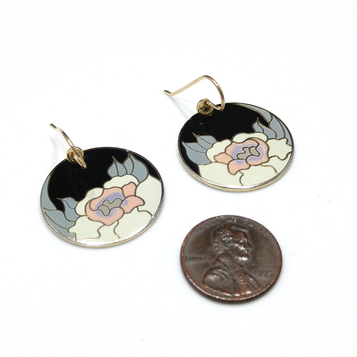 Vintage Laurel Burch "Garden Rose" Earrings, Gold Plated Cloisonné