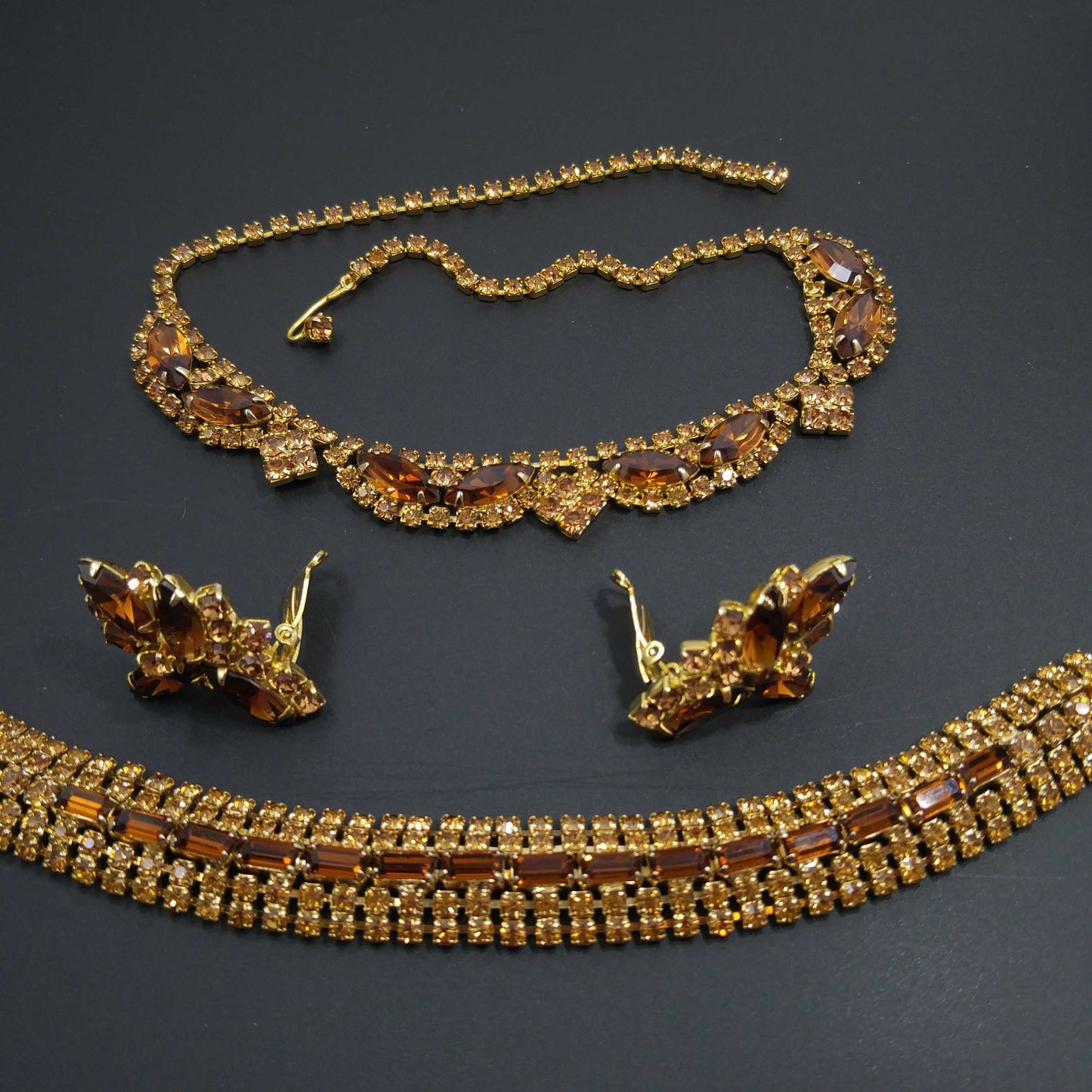 Vintage Rhinestone Jewelry Set: Necklace Bracelet Earrings, 1960s