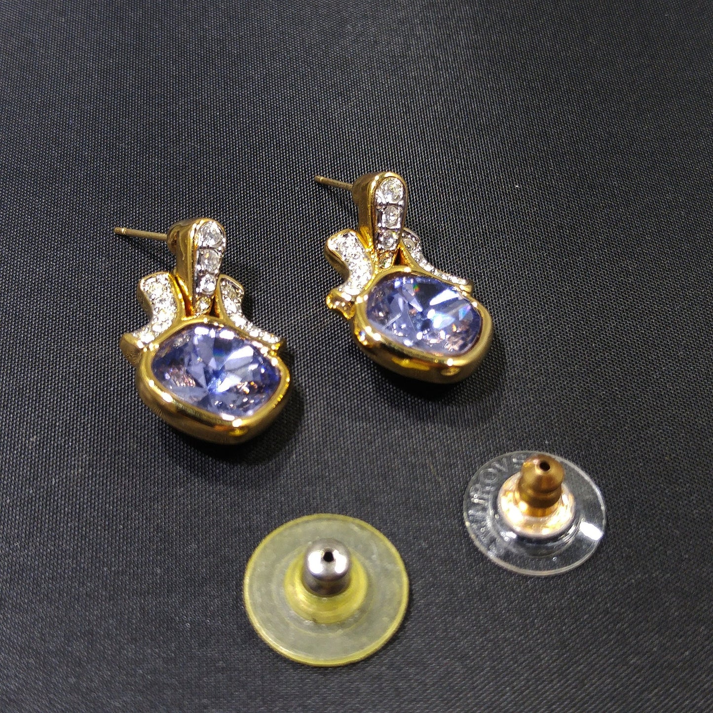 Swarovski Purple Crystal Post Earrings, Gold Plated, Swan Logo, 1990s Vintage