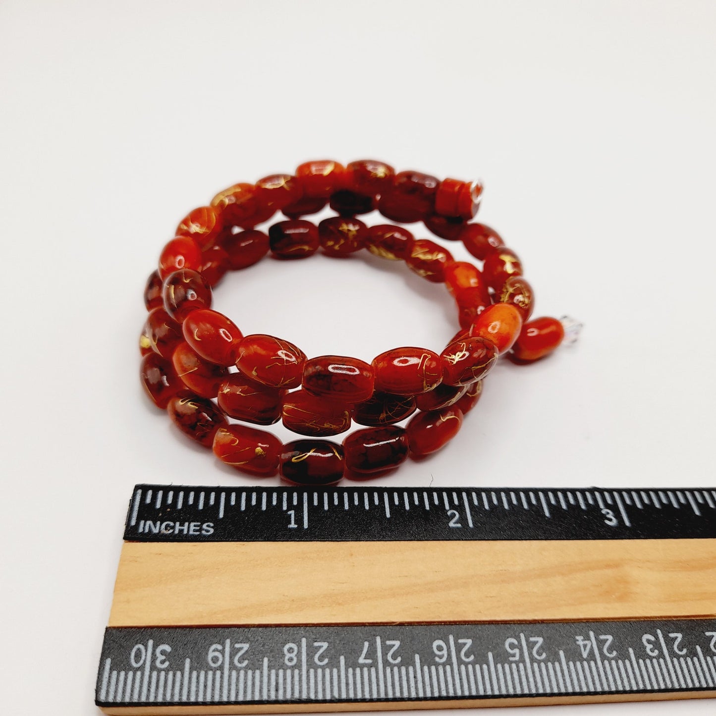 Vintage Asian Beaded Memory Wire Bracelet Red Glass Gold Accents Handmade Jewelry