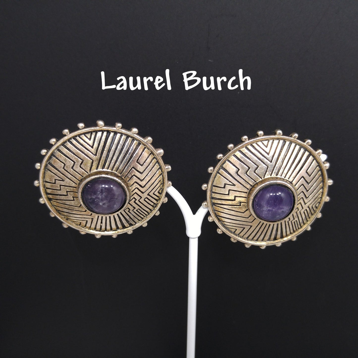 Laurel Burch Amethyst Clip Earrings, Purple Gemstone, Gold Plated, 1980s