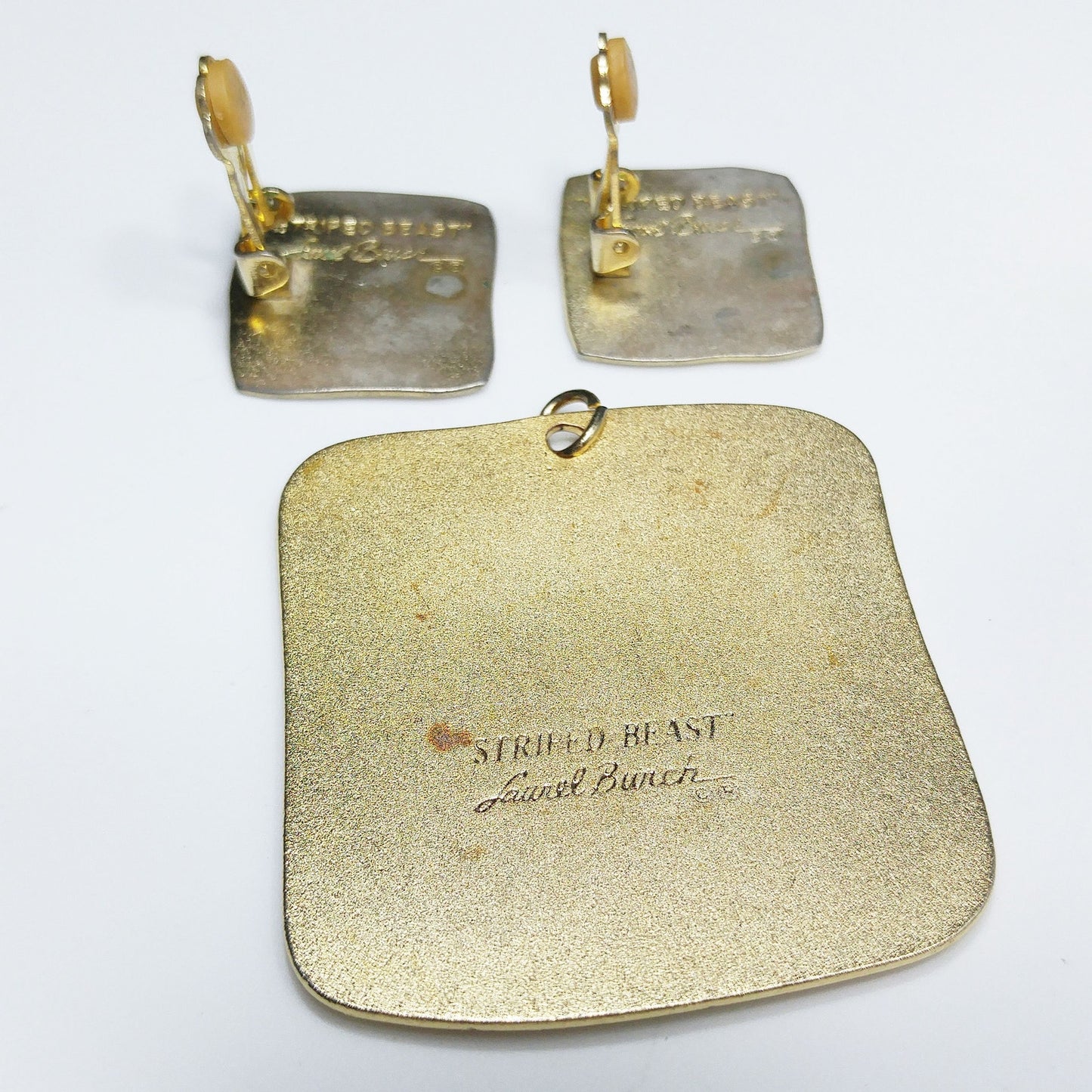 Laurel Burch "Striped Beast" Pendant & Earrings, Brass Purple Enamel, 1980s