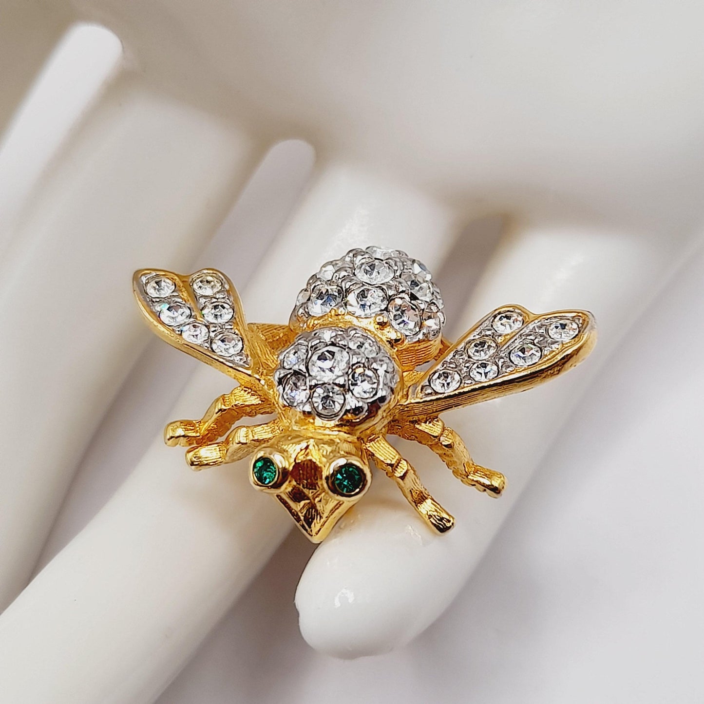 Vintage 1990s Joan Rivers Bee Brooch – Clear Pave Rhinestones, Green Eyes – 1 1/4 Inch Collectible Pin