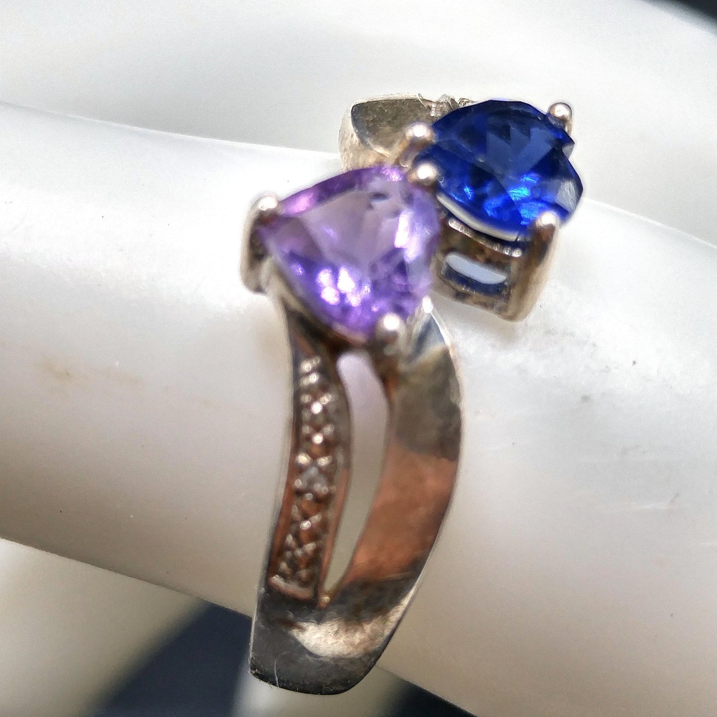Sterling Silver Heart Ring with Blue Topaz & Amethyst, Size 5.5, 1980s–1990s