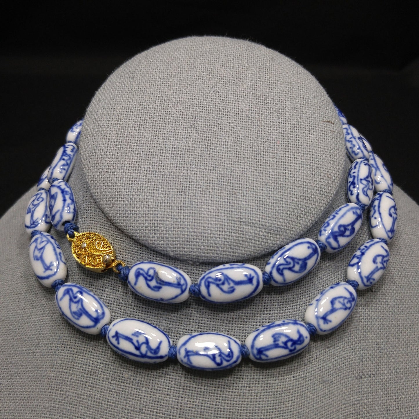 Hand Painted Blue Heron Birds Beaded Necklace, 1950s Vintage