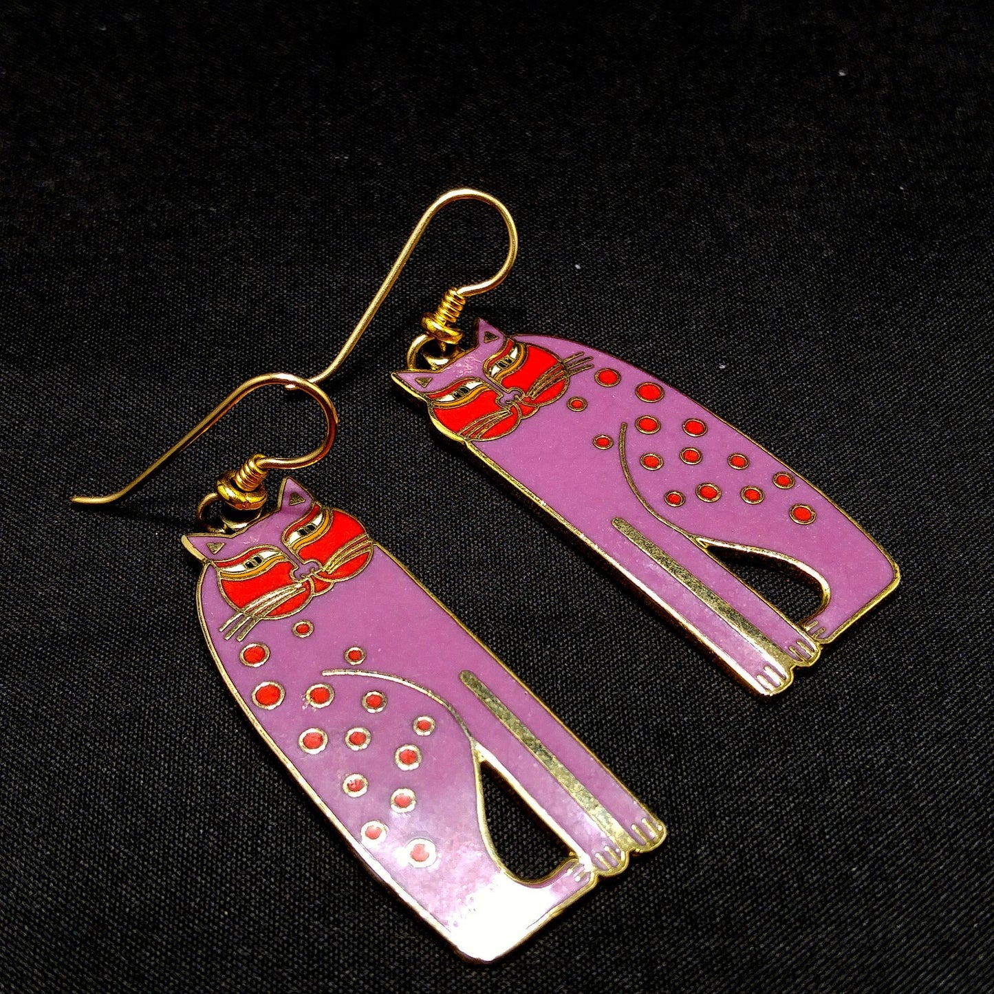 Laurel Burch "Siamese Cats" Long Earrings, Gold Plated, Purple Enamel, 1980s Vintage Jewelry