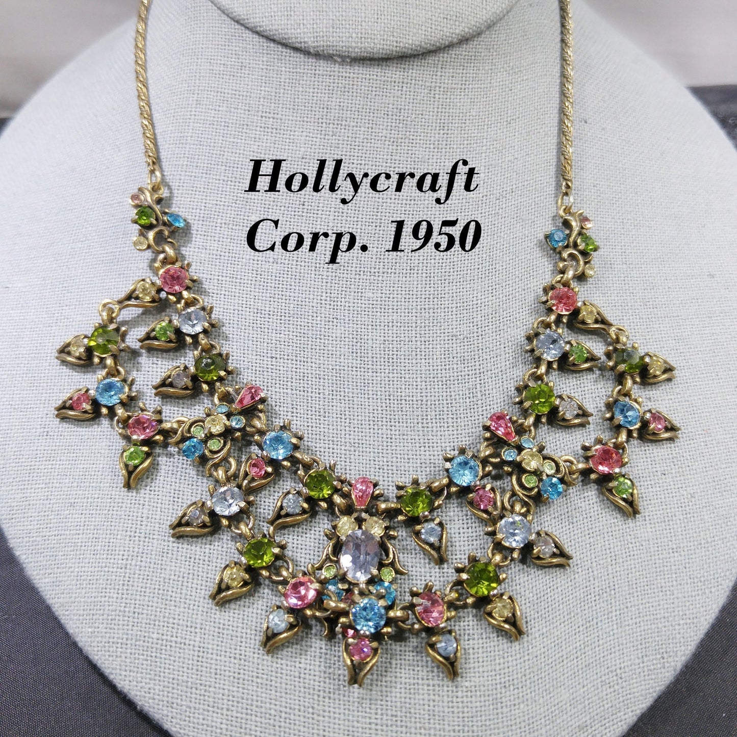 Hollycraft Pastel Rhinestone Necklace, Stamped Copr 1950, 1950s Vintage Jewelry