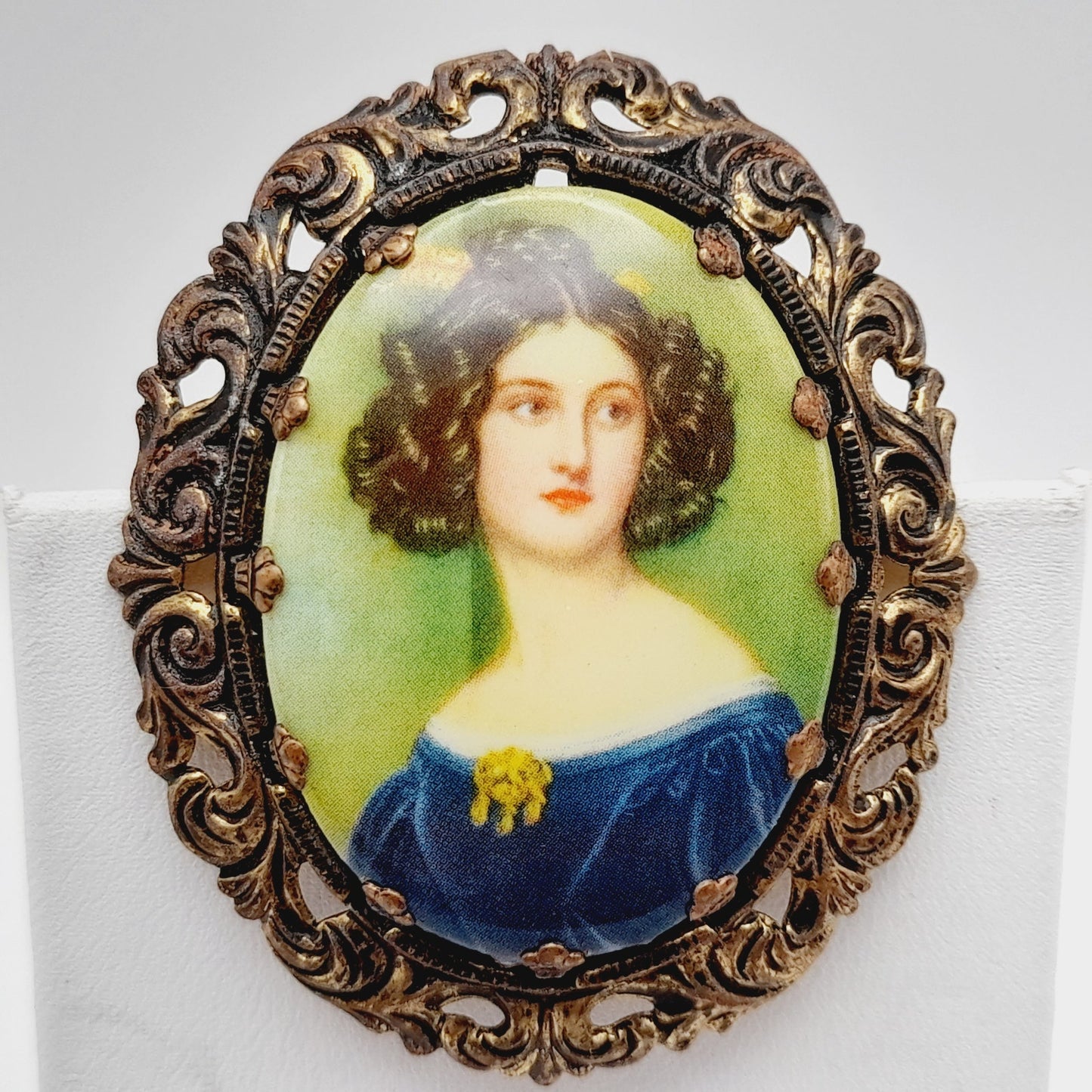 West Germany Vintage Brooch Earrings Twin Pins Set, Portrait Transfer Glass Gold Tone