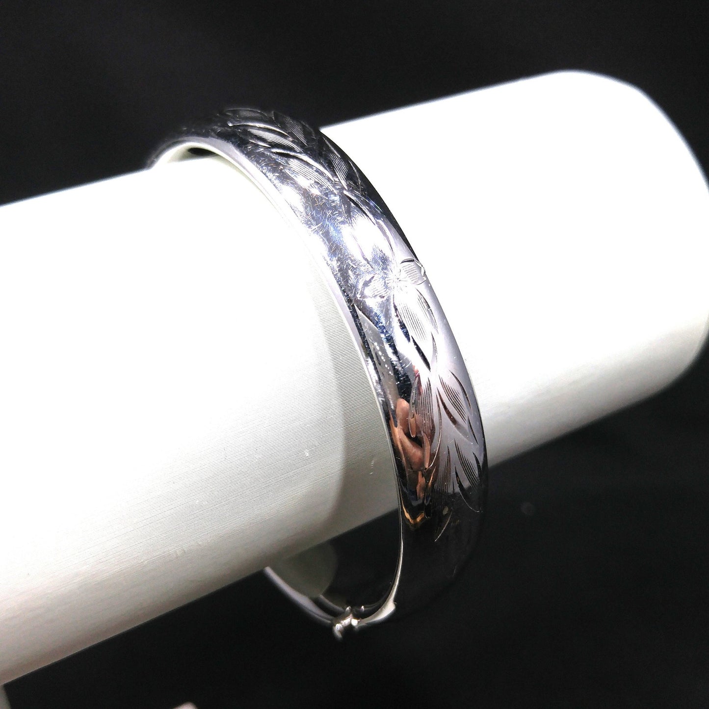 Sterling Silver H.F.B. Hinged Bracelet, Floral Design, 1940s Vintage Jewelry