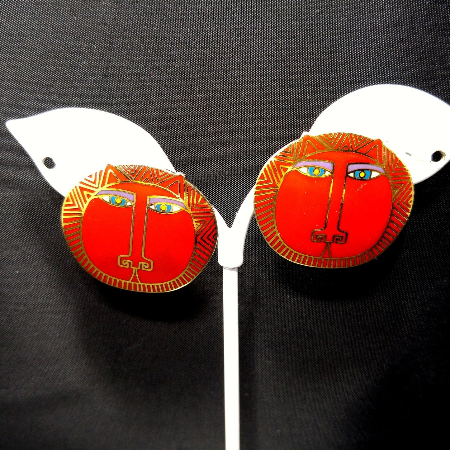 Vintage Laurel Burch "Moon Tiger" Red Post Earrings, Gold Plated