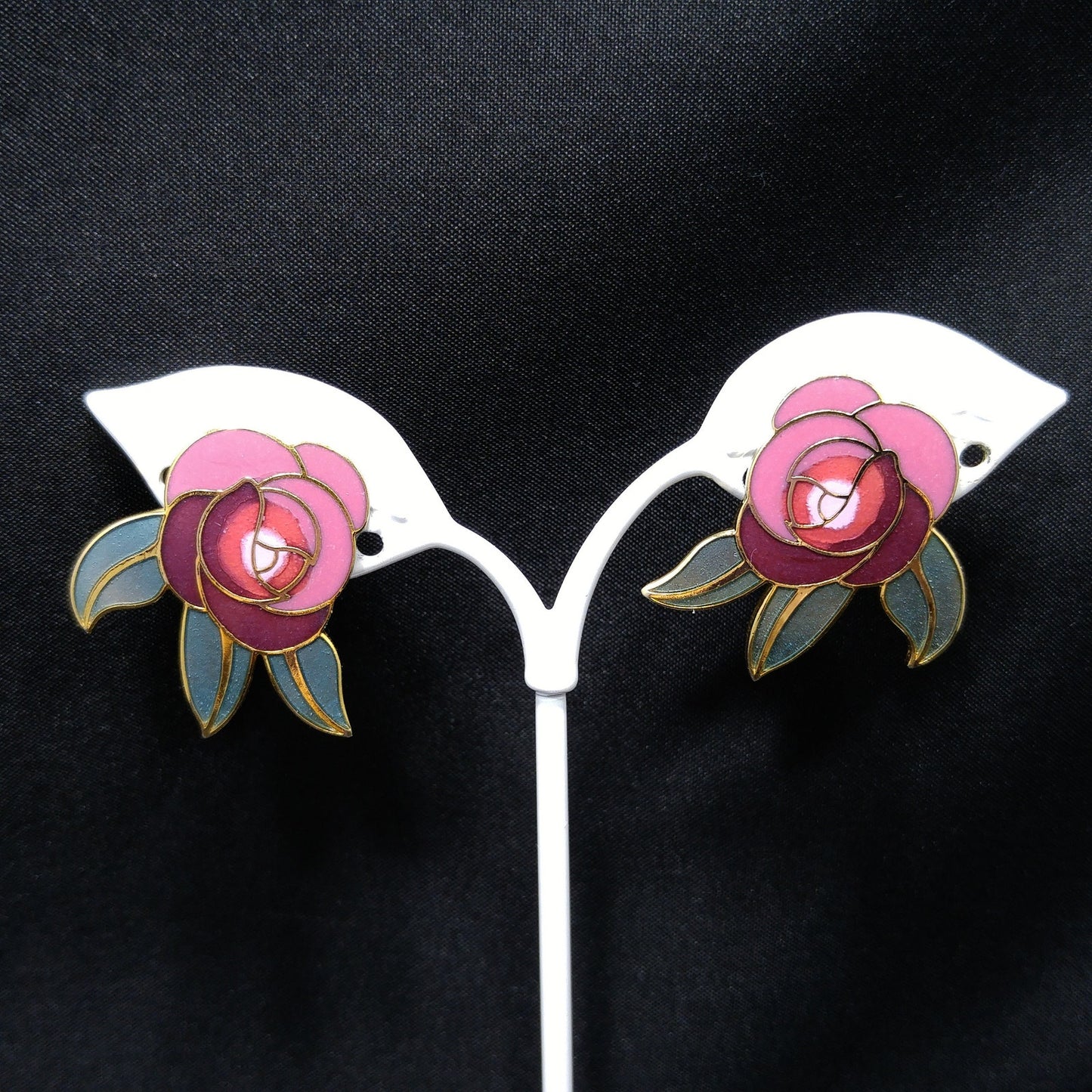 Laurel Burch "Deco Rose" Clip On Earrings, Pink Red Green Enamel, Gold Plated