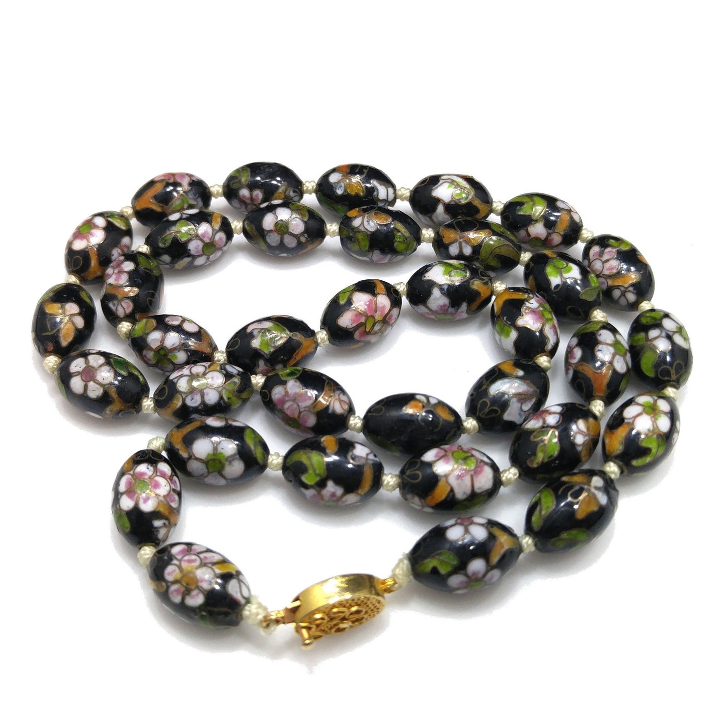 Vintage Cloisonné Beaded Necklace, Black Hand Painted Floral Beads, 1960s Vintage Jewelry