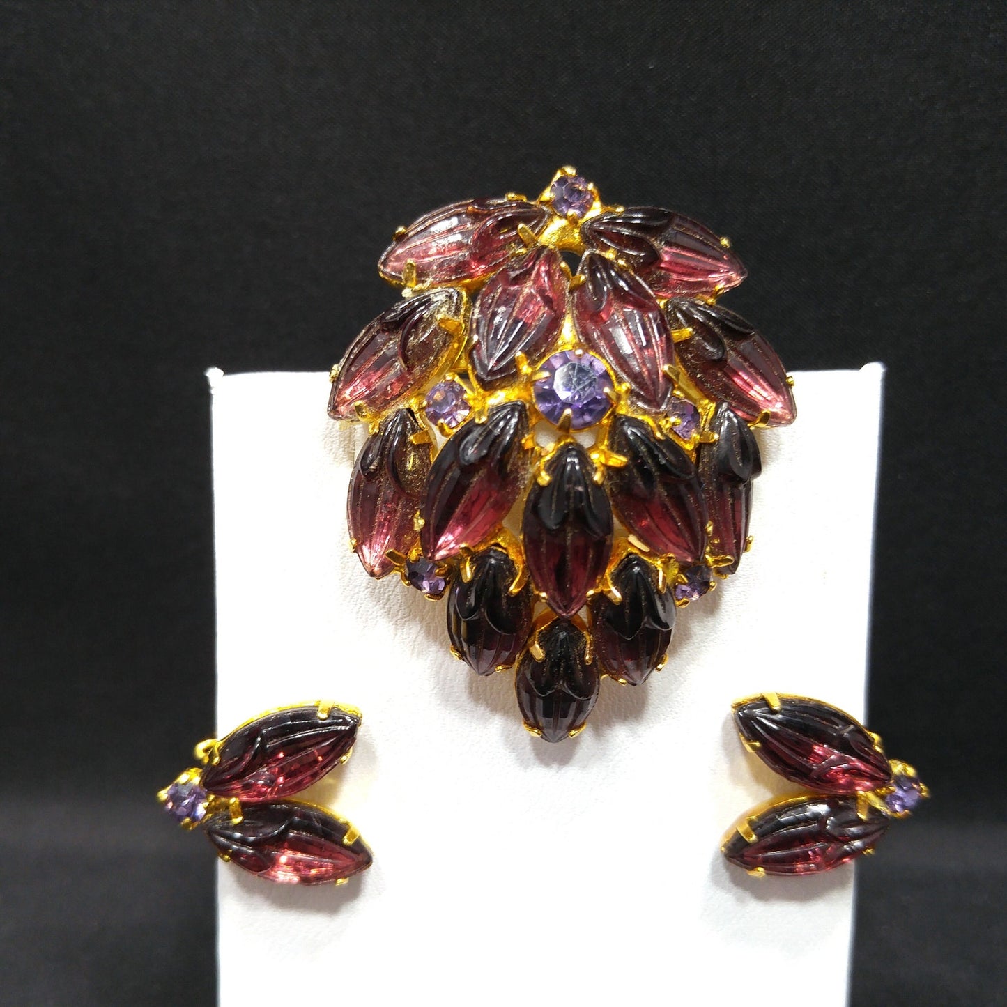 Purple Rhinestone Molded Art Glass Brooch & Earrings, Purple Rhinestones, Gold Plated, 1960s Vintage Jewelry