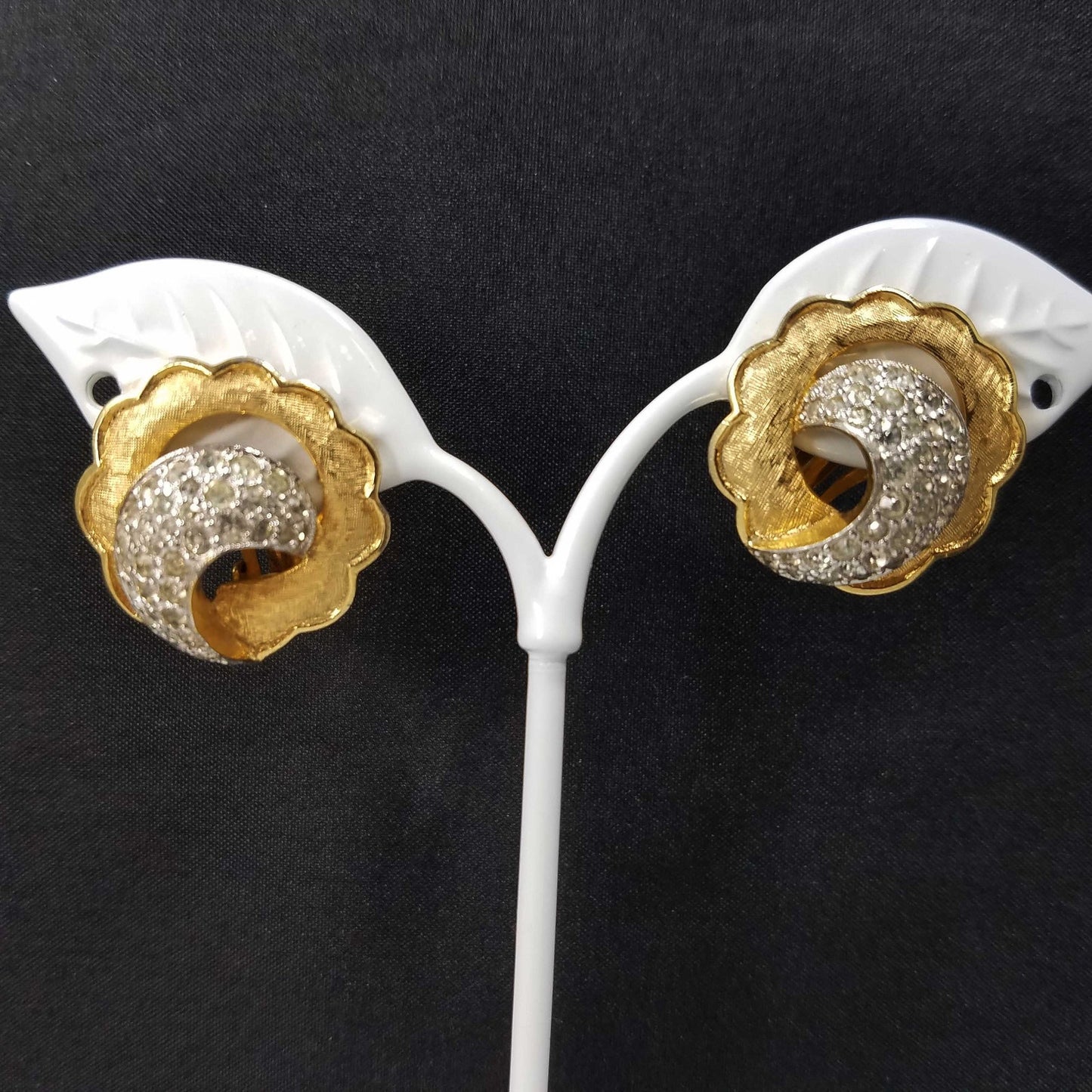 Vintage Jomaz Gold Plated Rhinestone Clip Earrings, Scalloped Edges, 1940s