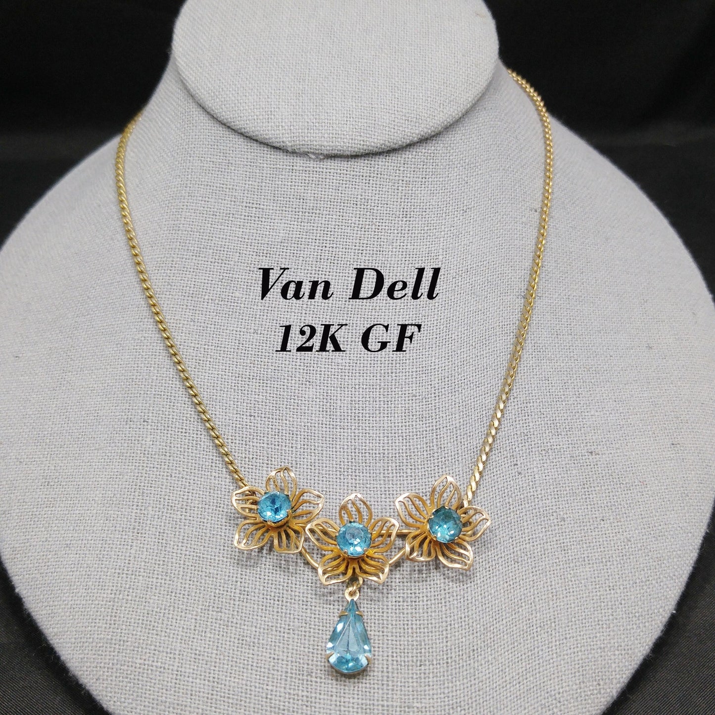 Van Dell Turquoise Rhinestone Necklace, 12K Gold Filled, 1940s Vintage Jewelry