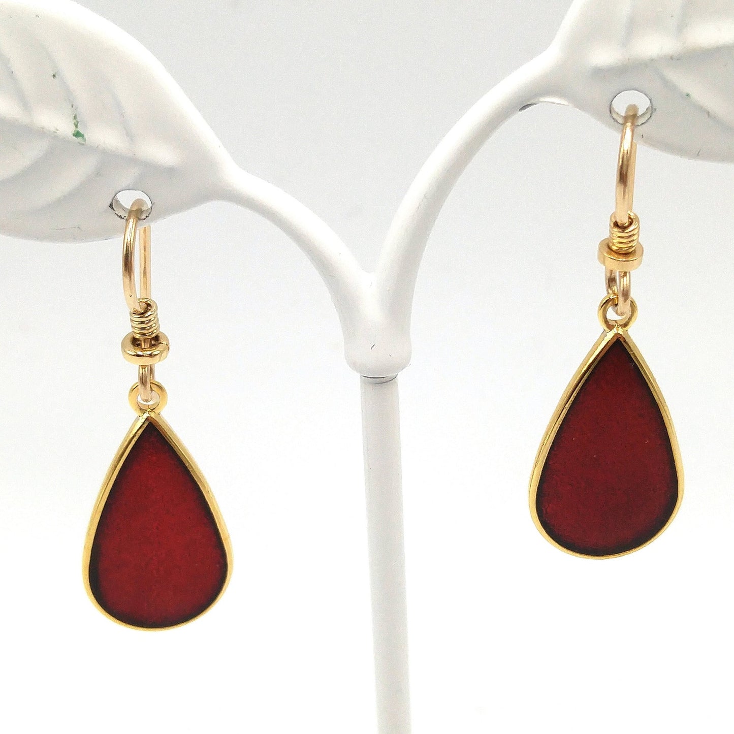 Vintage Laurel Burch Red Teardrop Earrings, Gold Plated, 1980s