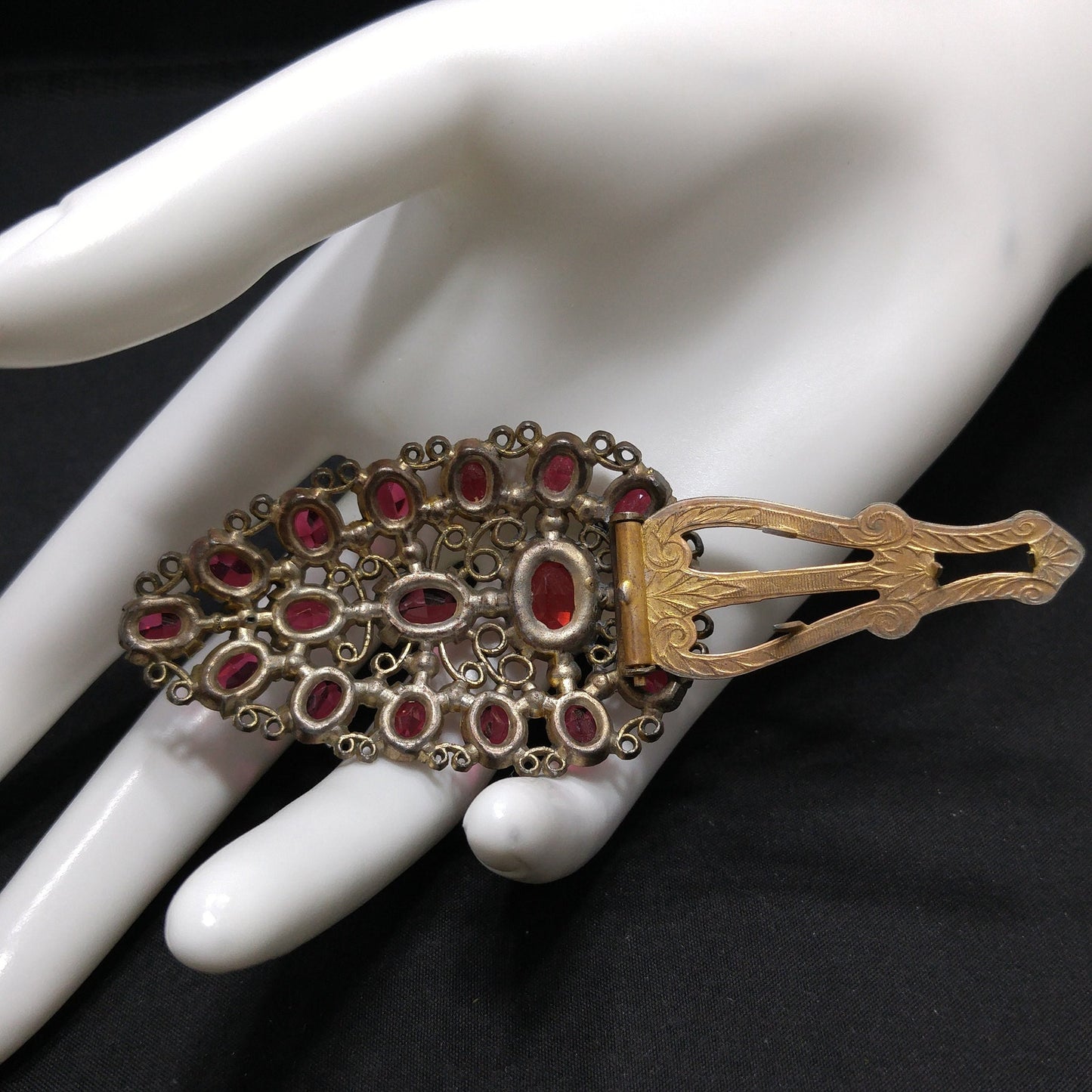 Antique Red Rhinestone Filigree Dress Clip, 1920s Vintage Jewelry