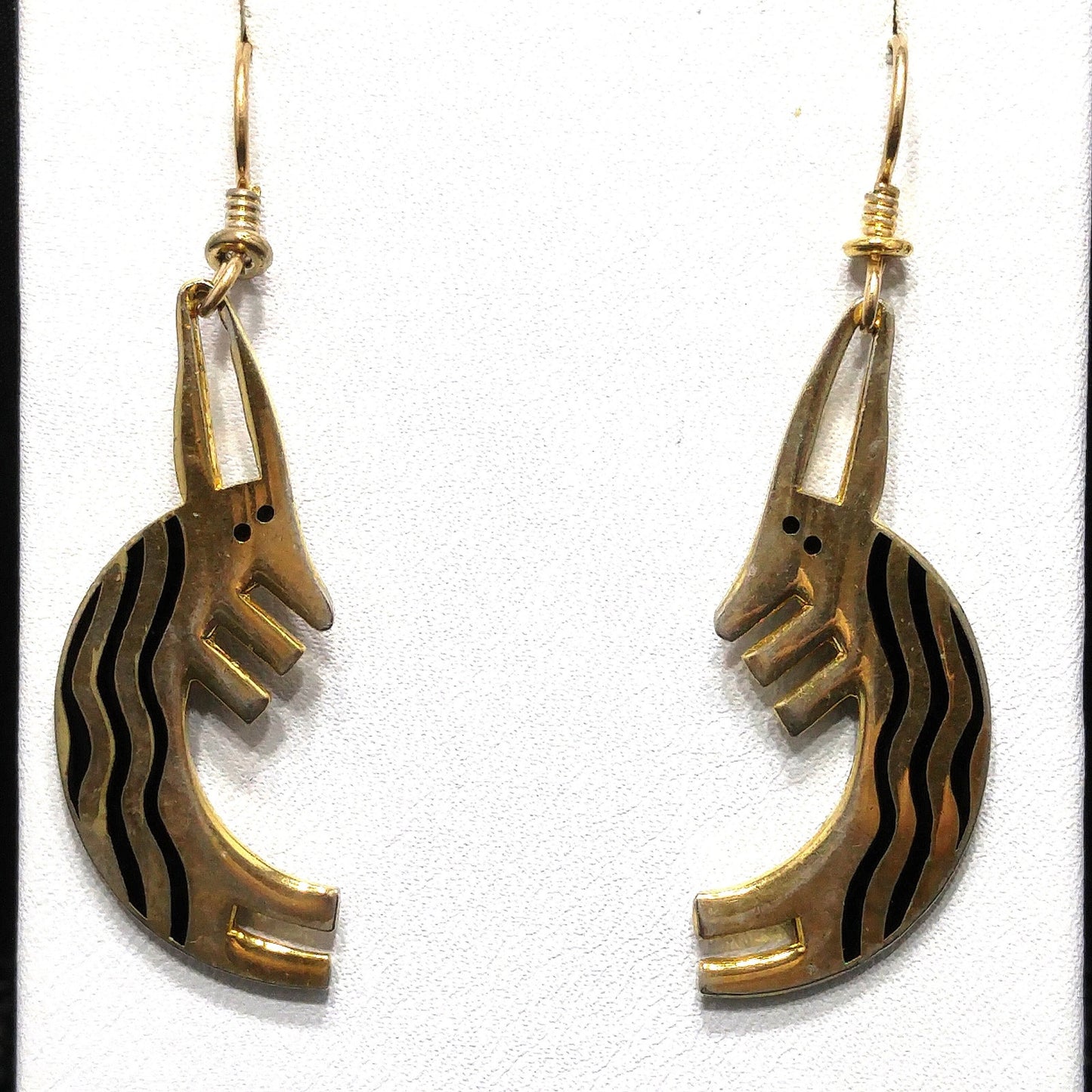 Laurel Burch "Conejo" Rabbit Dangle Earrings, Striped Black Enamel, 1980s Vintage Jewelry