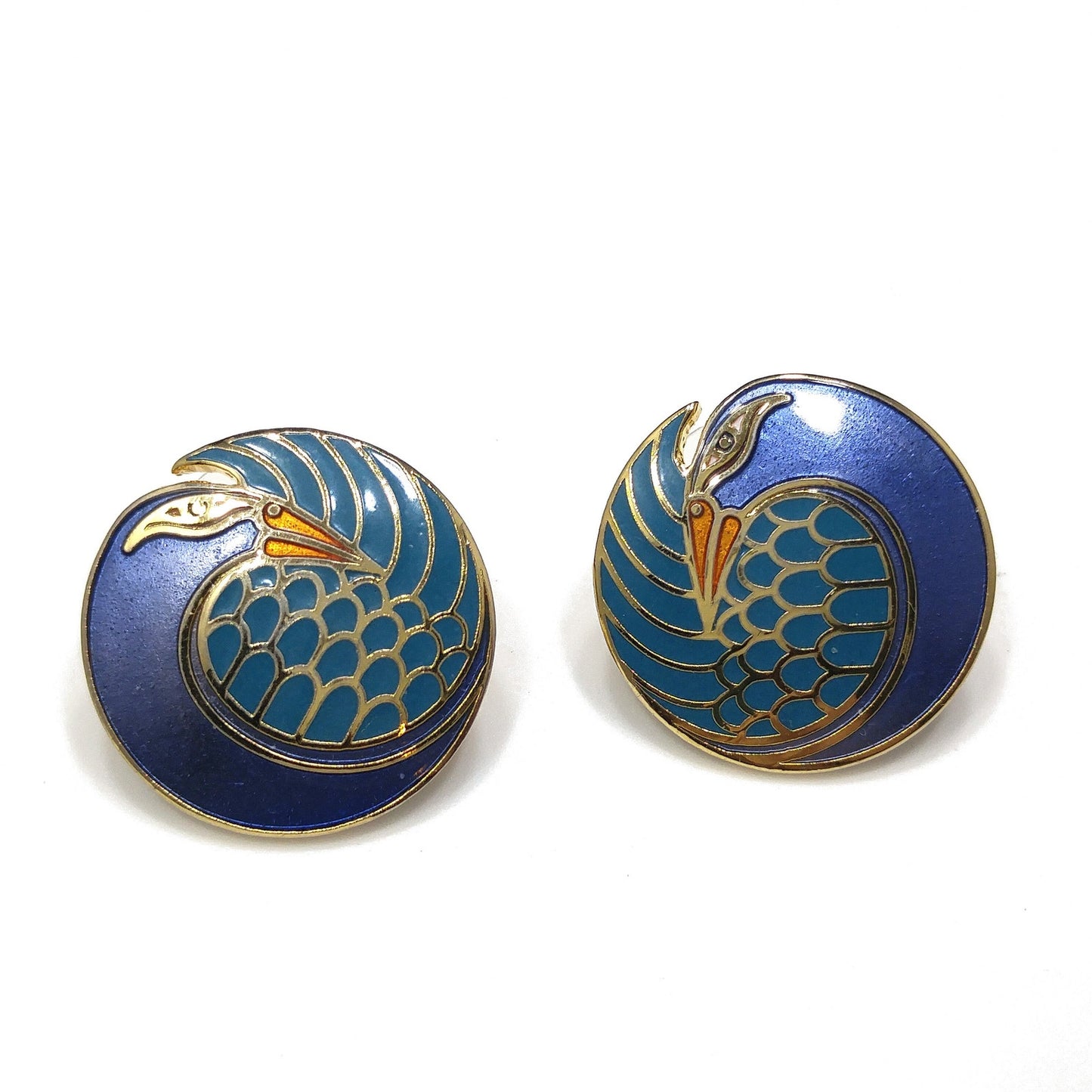 Laurel Burch "Mynah Bird" Blue Post Earrings, Gold Plated Cloisonné, 1980s