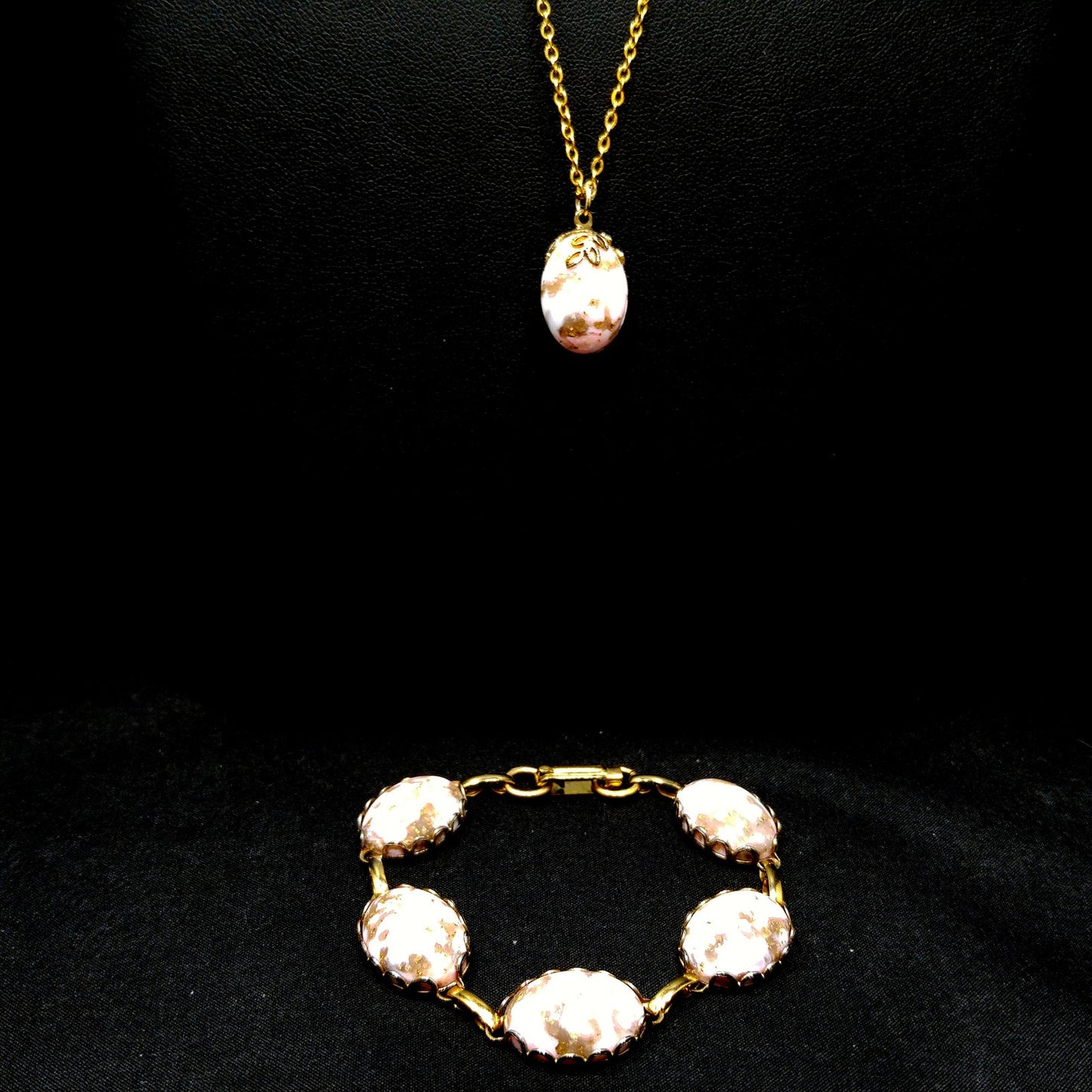 German Pink Gold Glitter Robins Egg Bracelet & Necklace, 1950s Vintage Jewelry