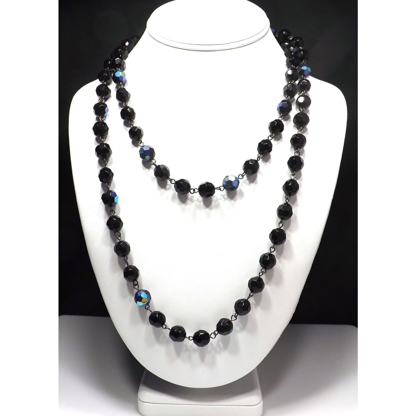 Long Black Crystal Beaded Necklace, Aurora Borealis, No Clasp, 1970s Vintage Jewelry