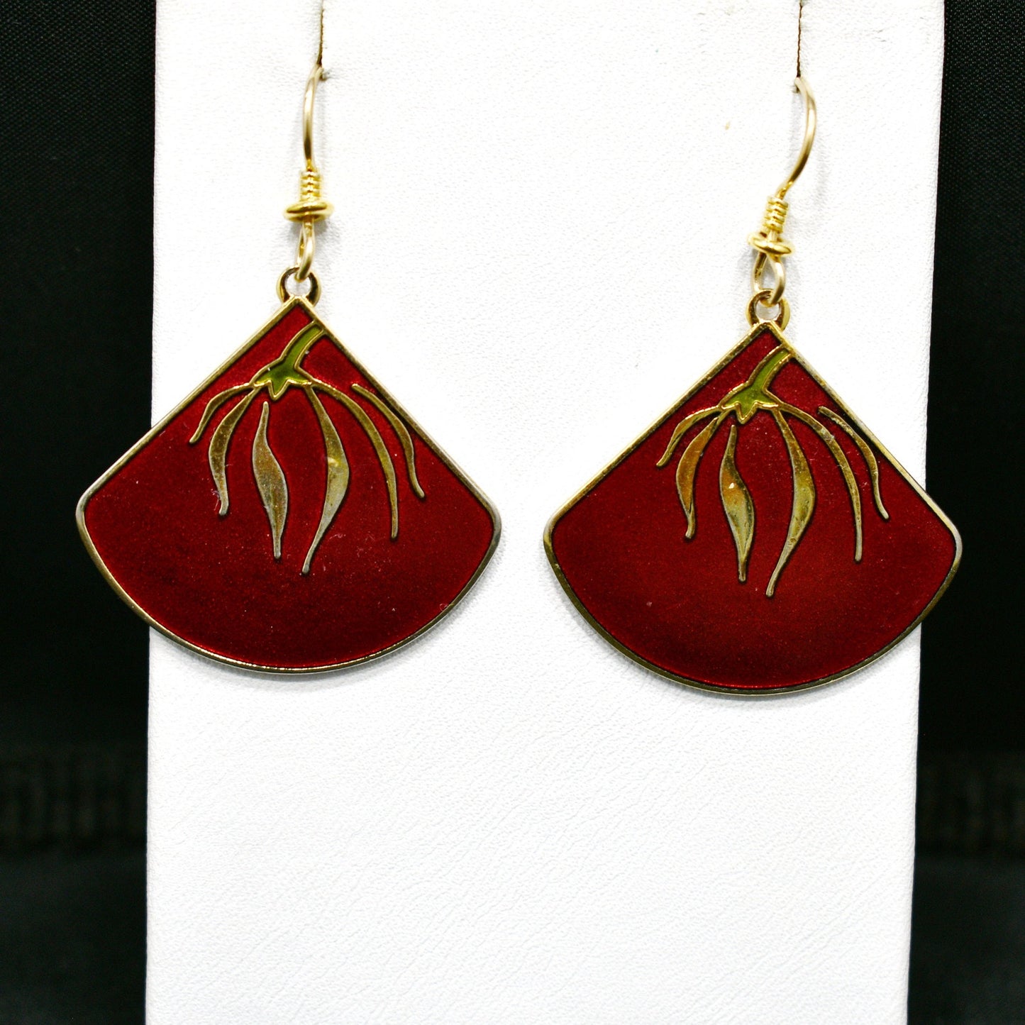 Laurel Burch "Willow Fan" Earrings, Gold Plated, Cloisonne Red Enamel, 1980s
