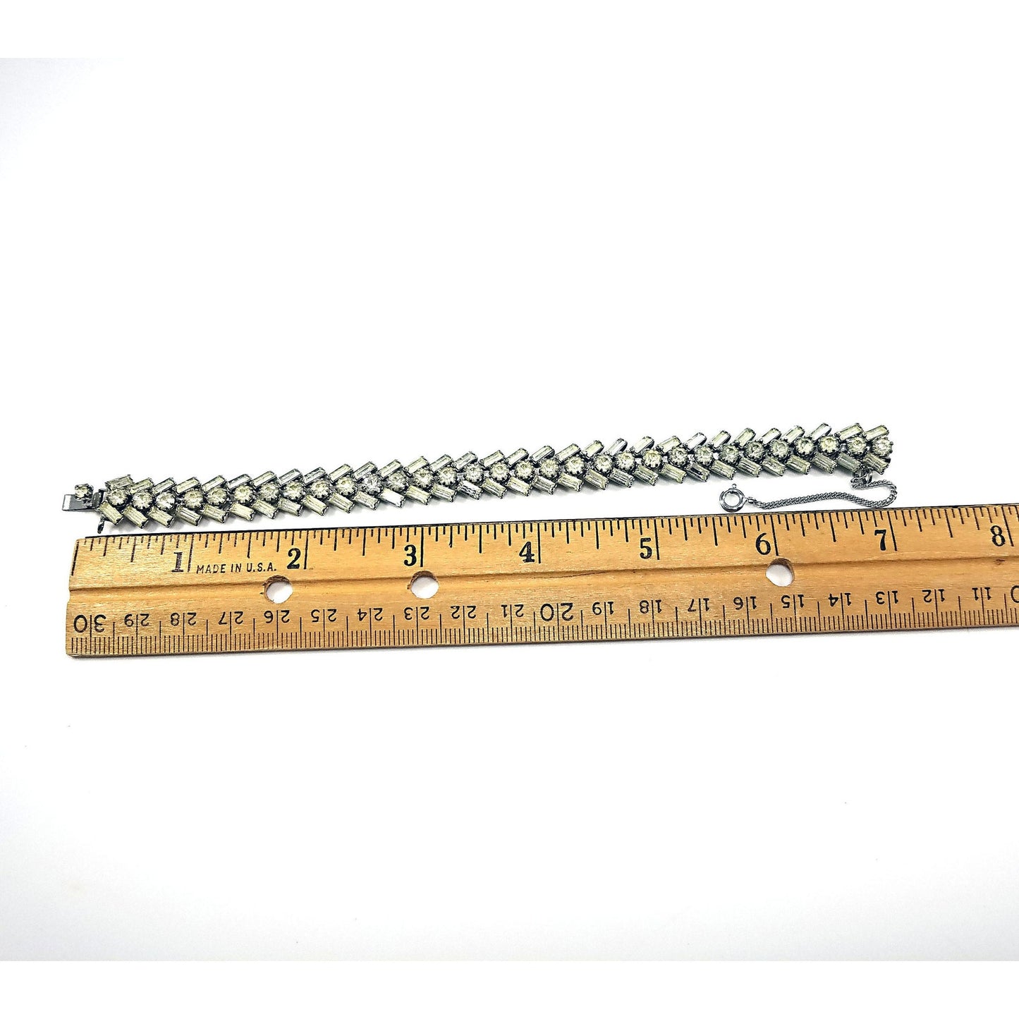 Weiss Clear Rhinestone Bracelet, Rhodium Plating, Safety Chain, 1940s Weiss