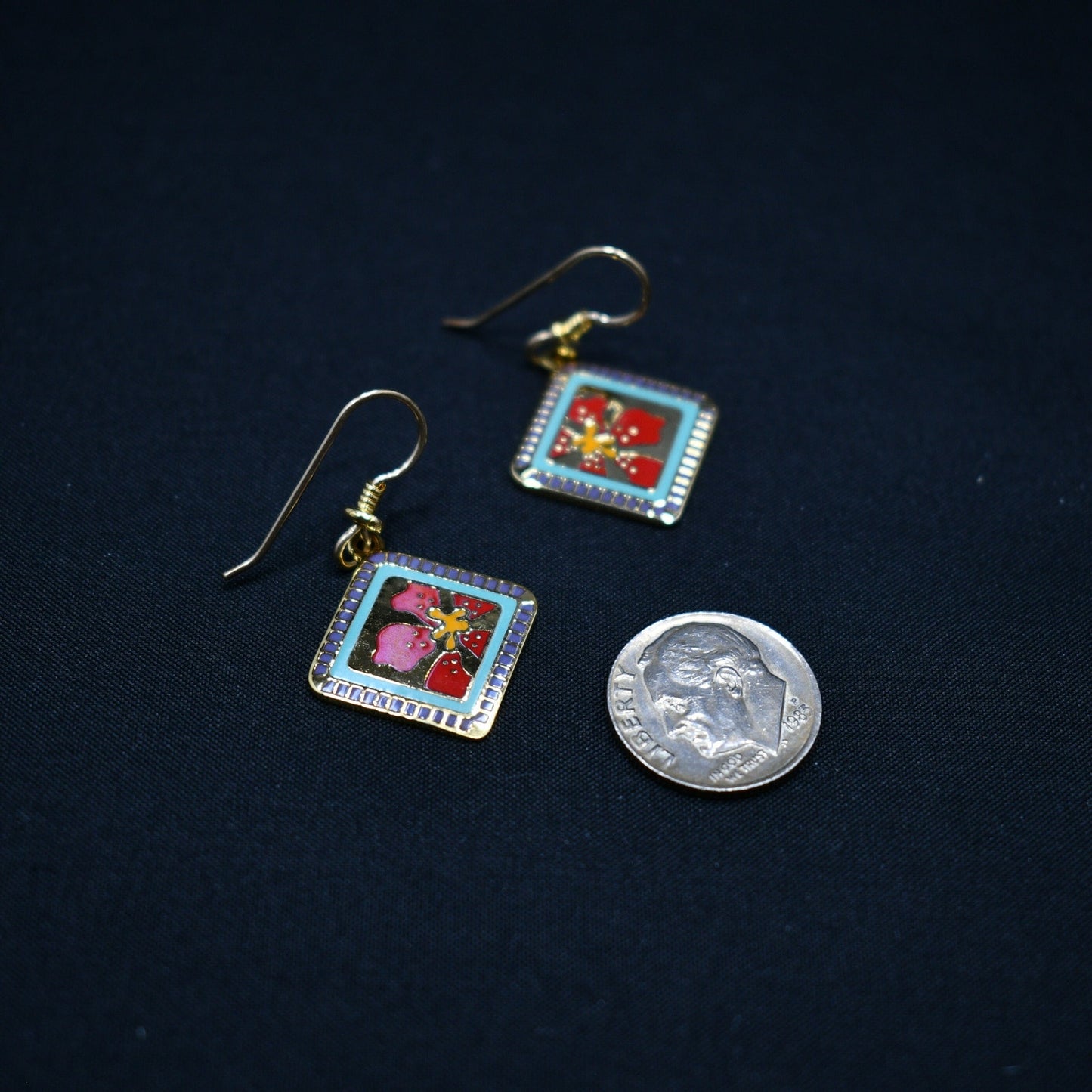 Vintage Laurel Burch "Jasmine For Jodi" Earrings, Red Flower Gold Plated