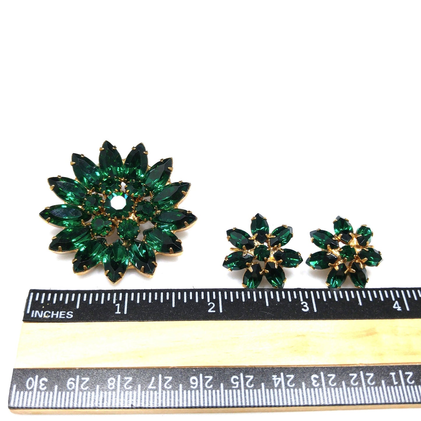 Emerald Green Rhinestone Floral Brooch & Earrings, Gold Plated, 1960s Vintage Jewelry