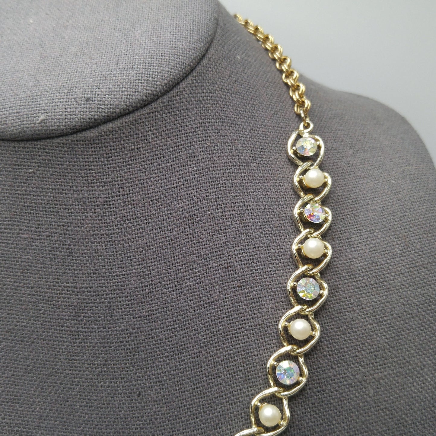 Mid-Century Faux Pearl AB Rhinestone Necklace, Aurora Borealis, 1960s Vintage Jewelry