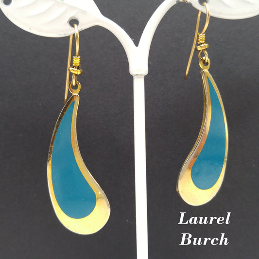 Vintage Laurel Burch Turquoise Drop Earrings, Curved Teardrop, Gold Plated