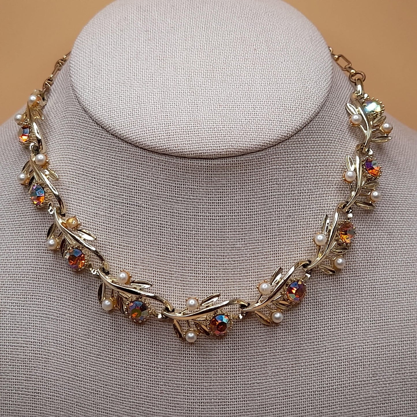 Vintage Light Topaz Rhinestone Choker Necklace, Faux Pearls, 1950s, 15 In
