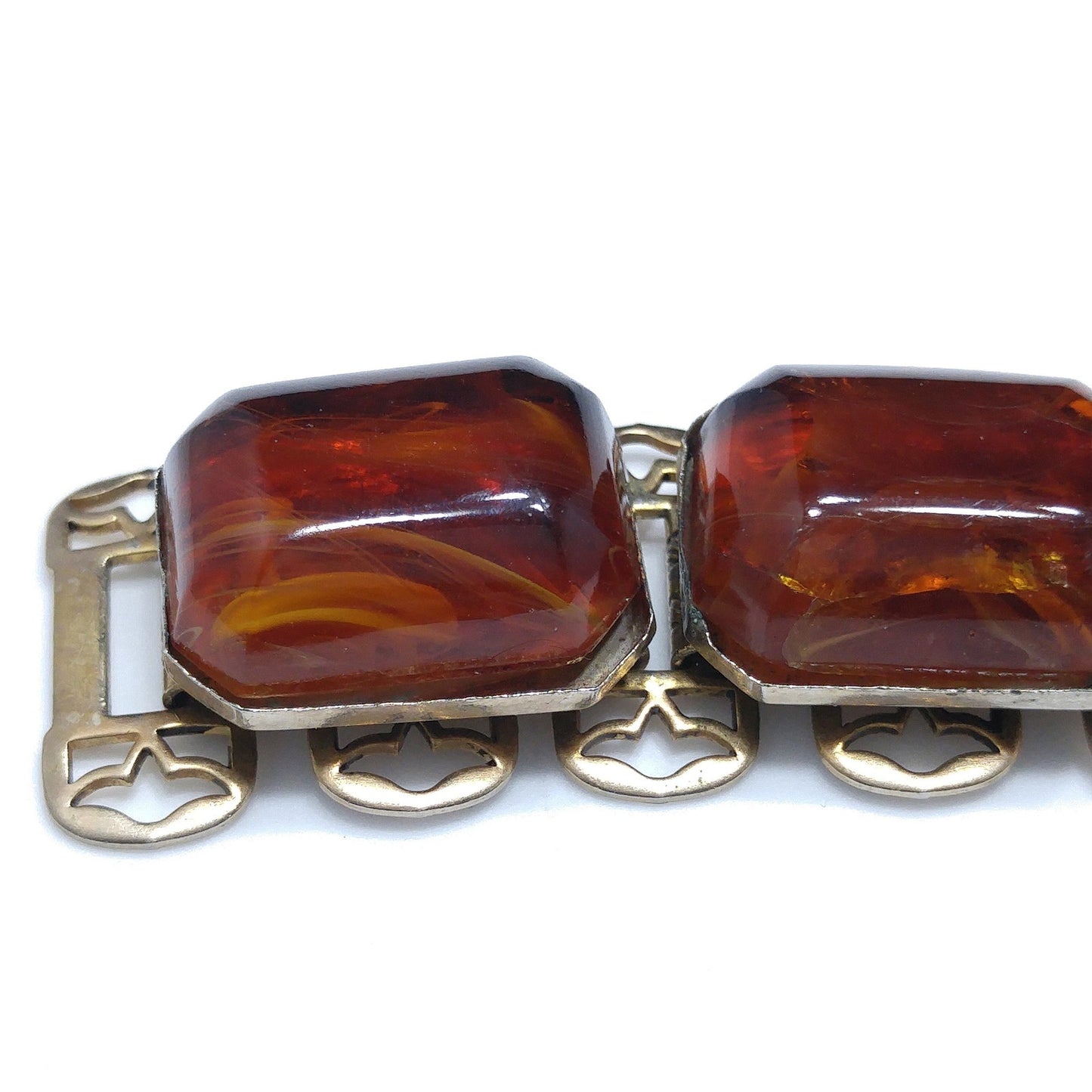 Book Chain Brown Art Glass Bracelet, Victorian Revival, Gold Plated, 1950s Vintage Jewelry