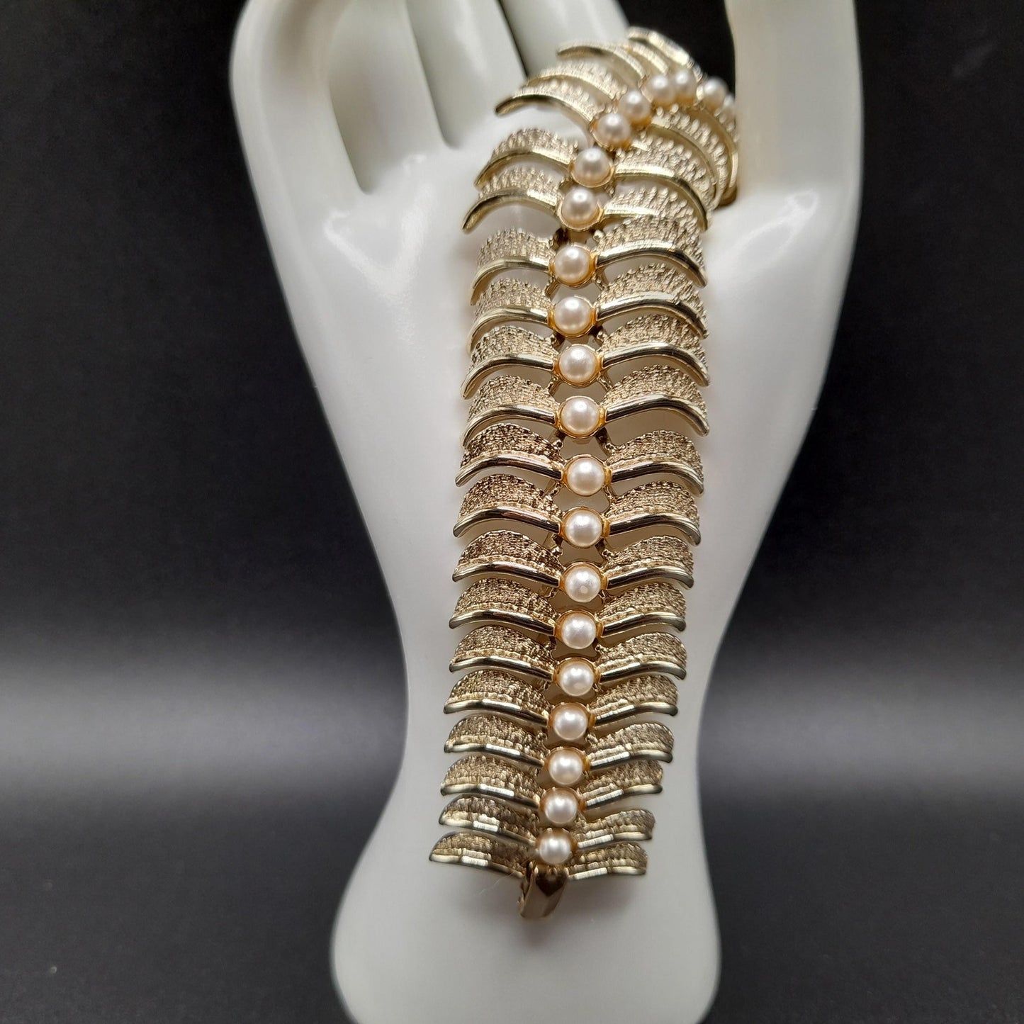 Vintage Kramer Wide Bracelet, Faux Pearls, Gold Plated, 1960s Jewelry