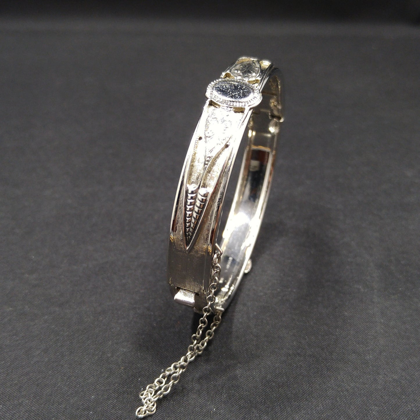 Whiting & Davis Rhodium Plated Hinged Bracelet, Safety Chain, 1960s Vintage Jewelry