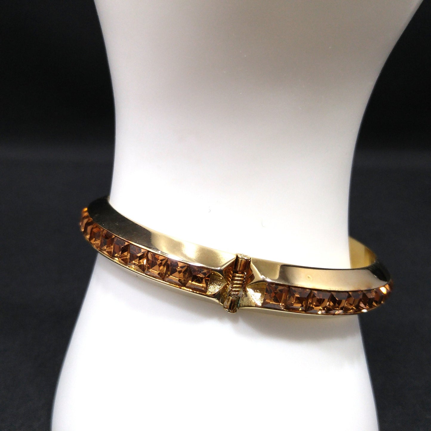 Whiting & Davis Topaz Square Rhinestone Hinged Bracelet, Bezel Set, 1960s Vintage Jewelry