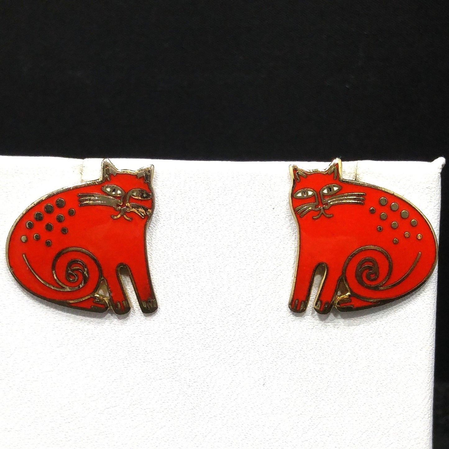 Vintage Laurel Burch "Keshire Cat" Red Post Earrings, Gold Plated