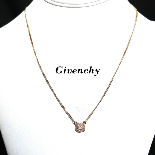 Givenchy Rose Gold Pendant Necklace – Pave Clear Rhinestones – 1990s Vintage Jewelry