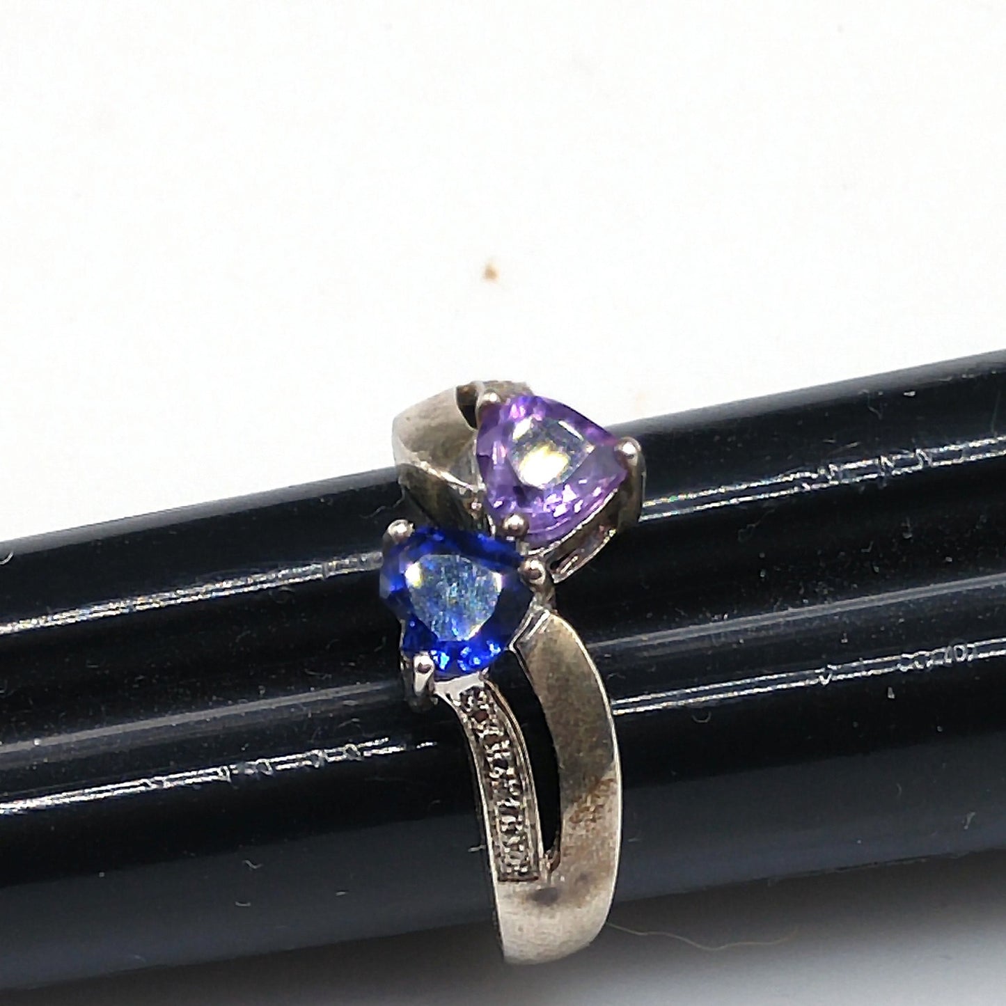 Sterling Silver Heart Ring with Blue Topaz & Amethyst, Size 5.5, 1980s–1990s