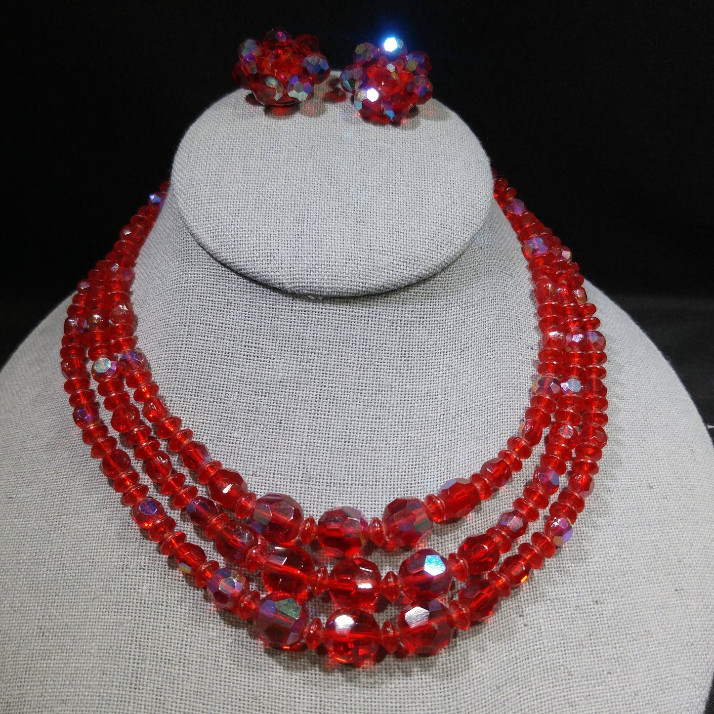 Czech Red Glass Beaded Necklace & Earrings, Fire Polished Red Beads, 1950s Vintage Jewelry