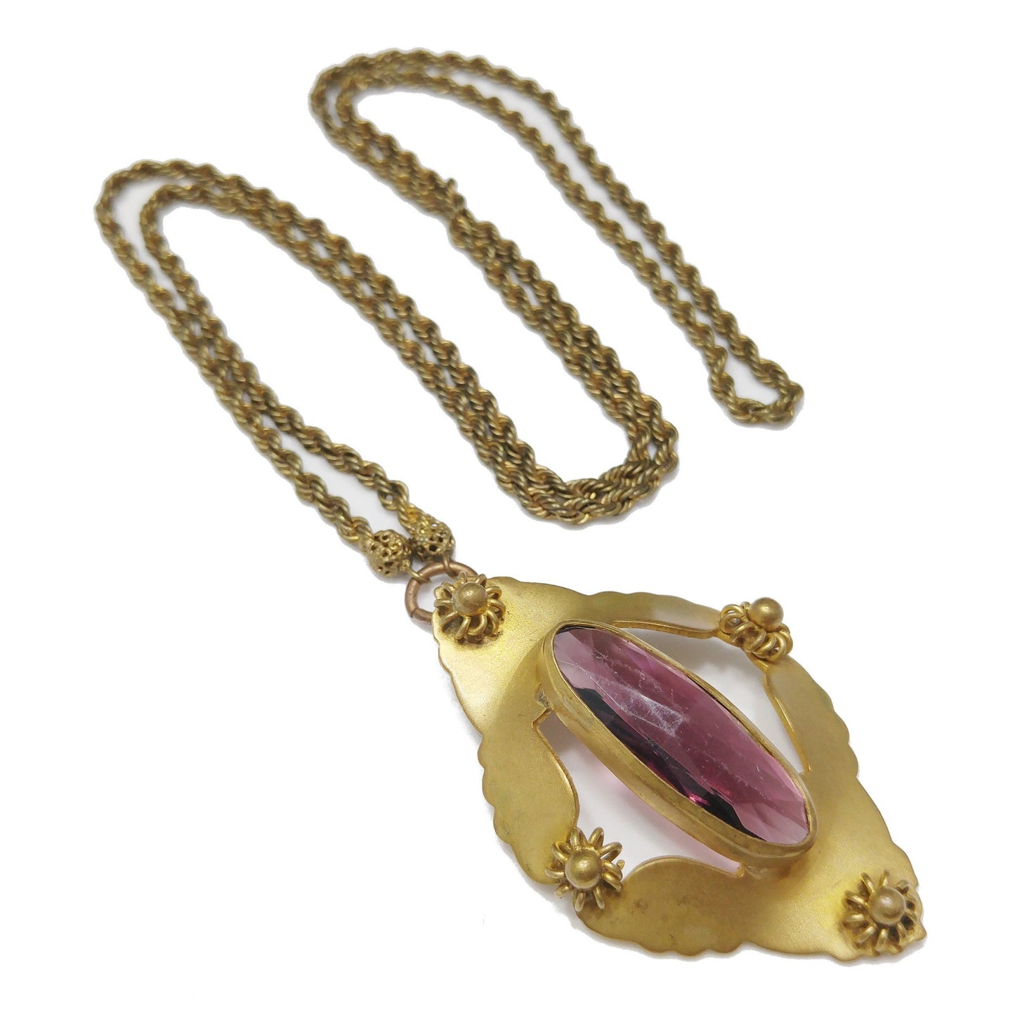 Victorian Purple Glass Pendant Necklace, Golden Brass, Early 1900s Vintage Jewelry
