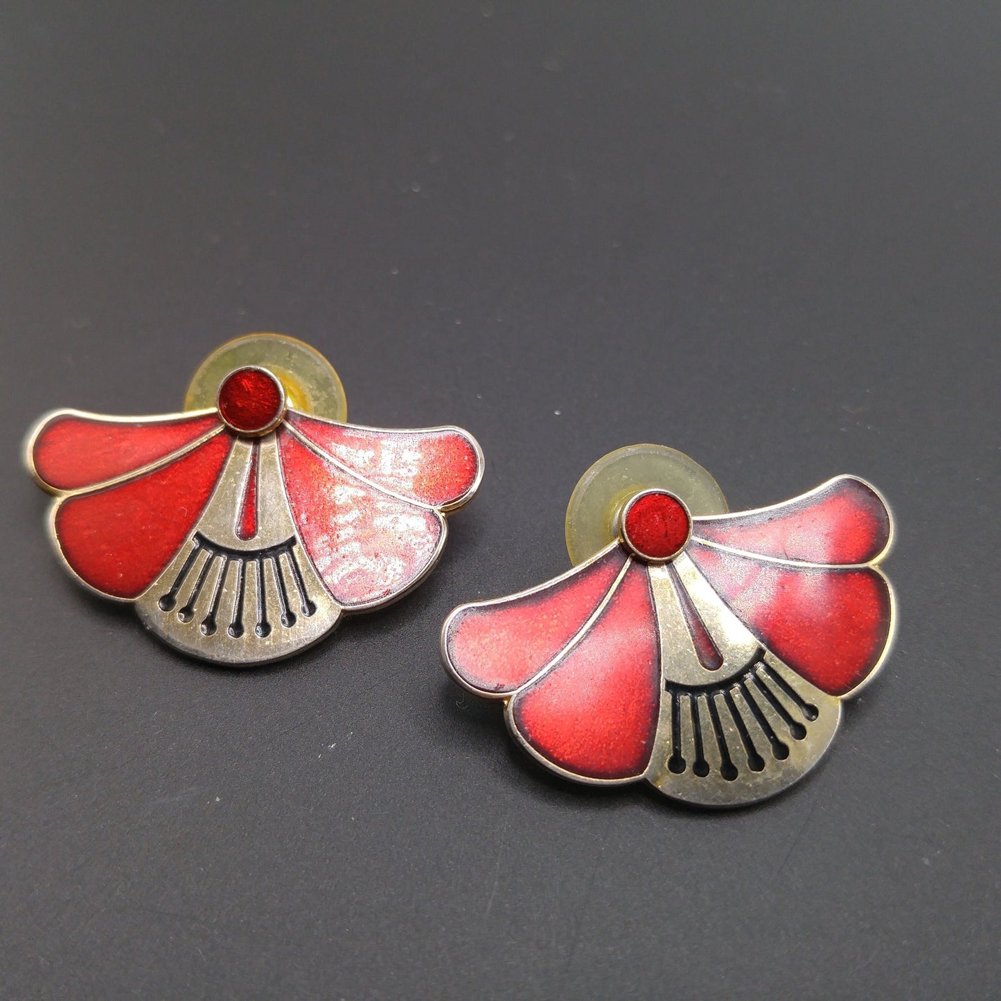 Laurel Burch Red Floral Post Earrings, Two Earrings in One, Gold Plated, 1980s Vintage Jewelry