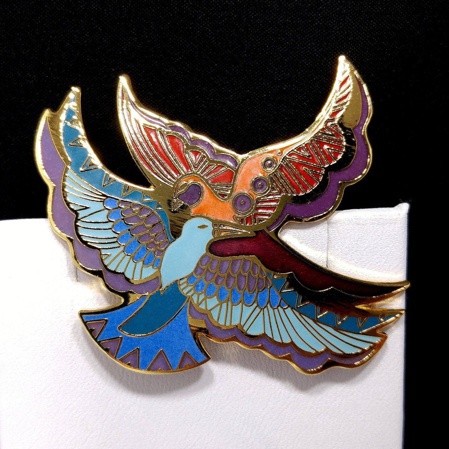 Laurel Burch "Ethereal Birds" Brooch, Cloisonné and Enamel, Gold Plated, 1980s Vintage Jewelry