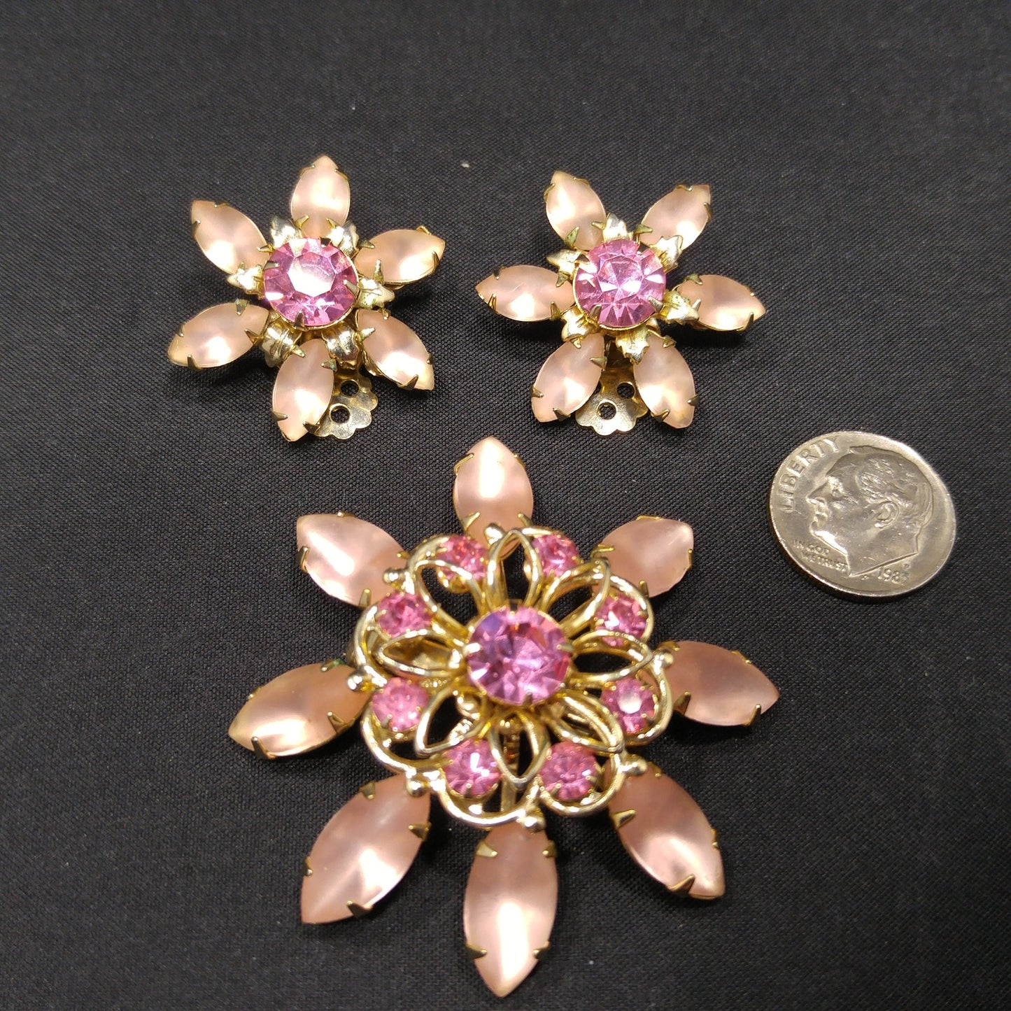 Mid-Century Pink Flower Brooch & Earrings, Frosty Light Pink Cabs, Hot Pink Rhinestones, 1950s Vintage Jewelry
