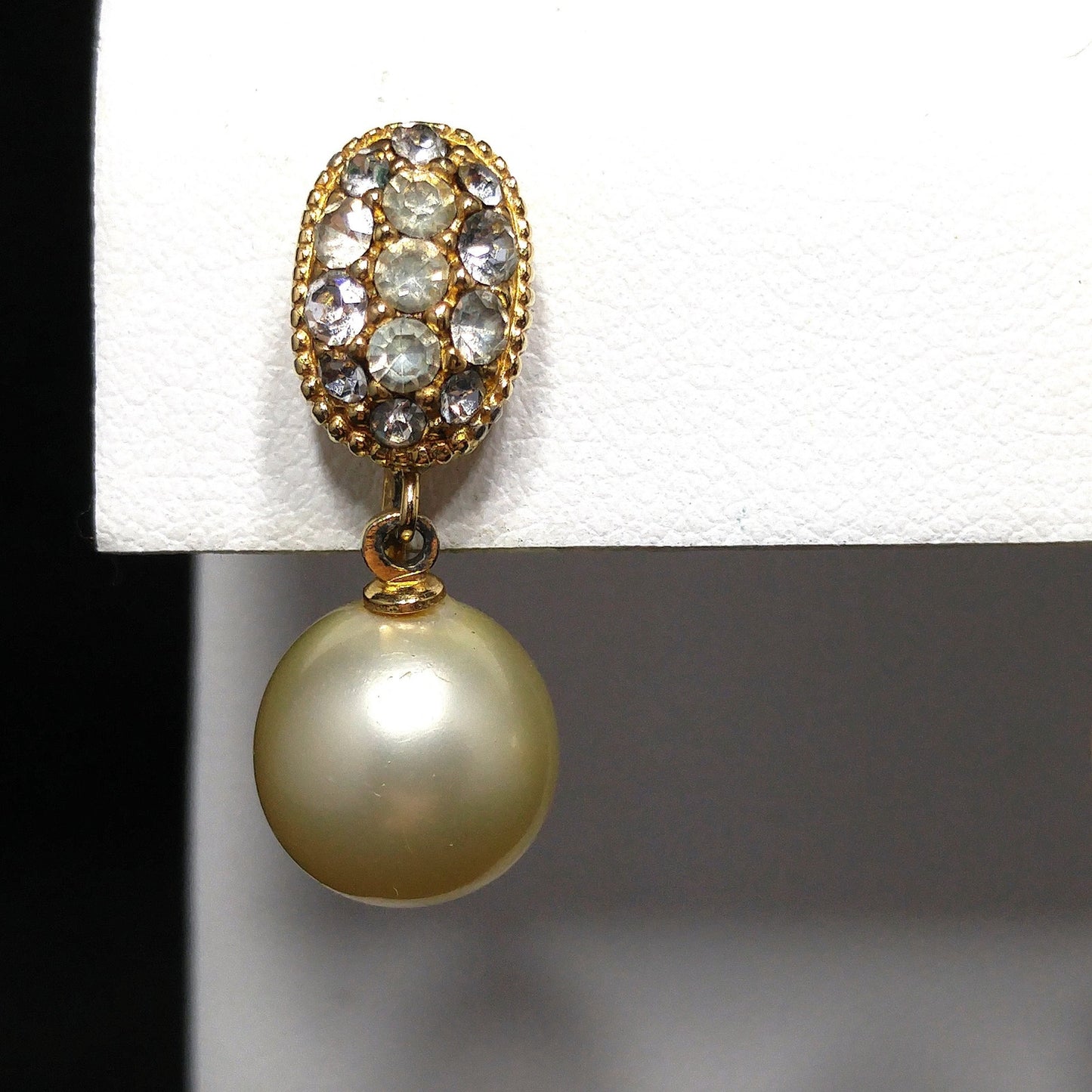 Ciner Faux Pearl Dangle Clip Earrings, Clear Rhinestones, Gold Plated, 1970s Vintage