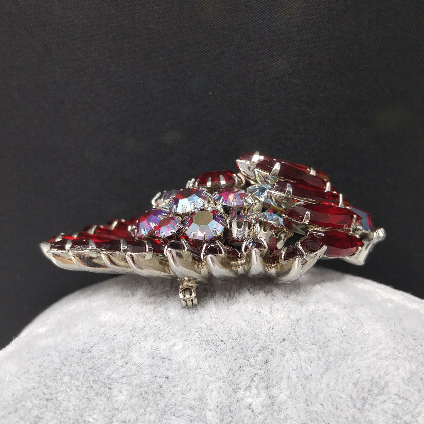Ruby Red Rhinestone Navette Brooch, Unsigned Designer Beauty, Rhodium Plated, 1960s Vintage Jewelry