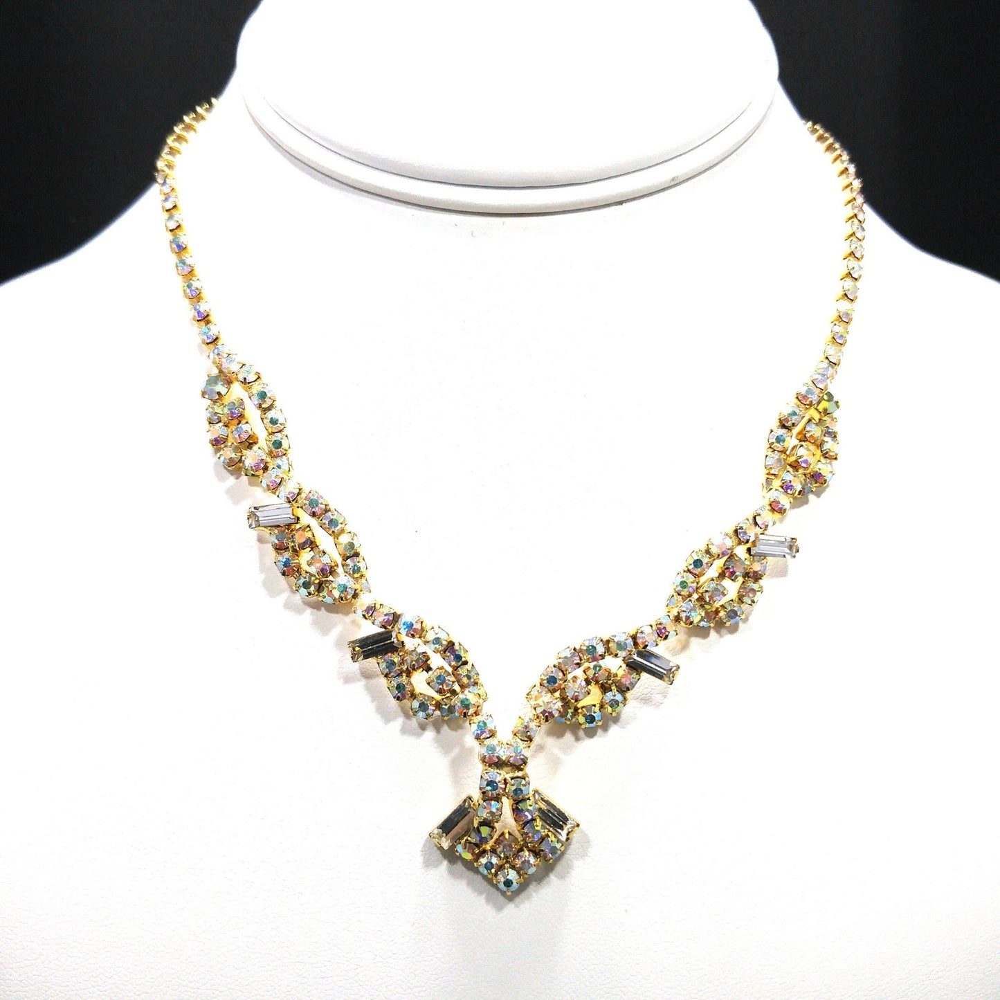 Vintage Aurora Borealis Rhinestone Choker Necklace, 3D Design, Gold Plated, 1960s Vintage Jewelry