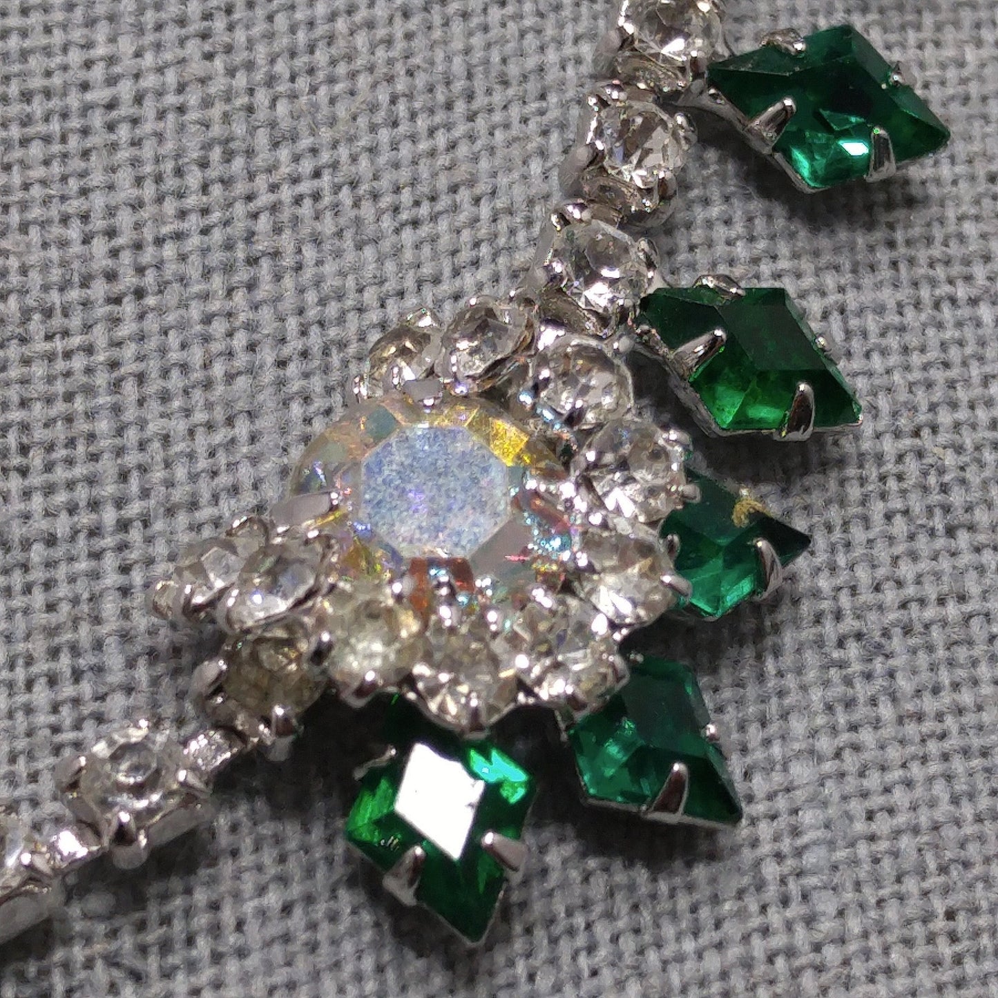 Vintage Green Clear Rhinestone Choker Necklace, Aurora Borealis, Rhodium Plated, 1960s Vintage Jewelry